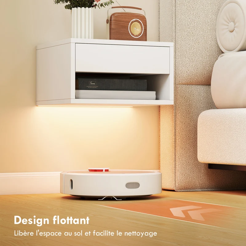 Lot de 2 tables de chevet suspendues 37 x 32 x 21 cm led réglable tiroir étagère moderne en panneau de particules blanc 21_0003764