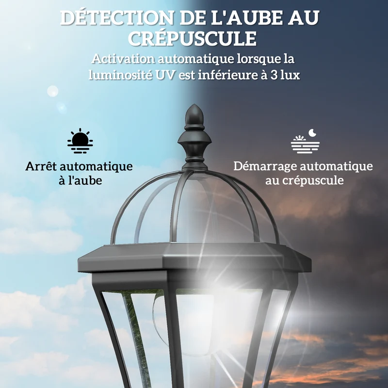 Lot de 2 lampadaires solaires d'extérieur jardin 18,5 x 129 cm éclairage automatique économique classique en abs noir 21_0006993