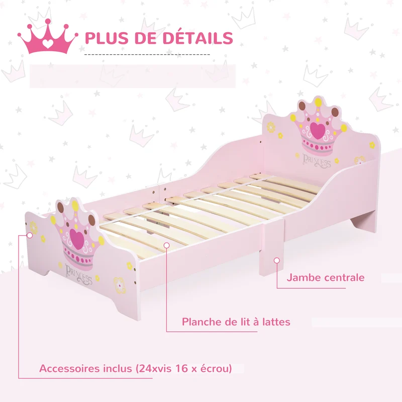 Lit enfant princesse 143 x 73 x 60 cm sommier inclus protection latérale très basse décoratif contemporain en MDF rose 21_0000136