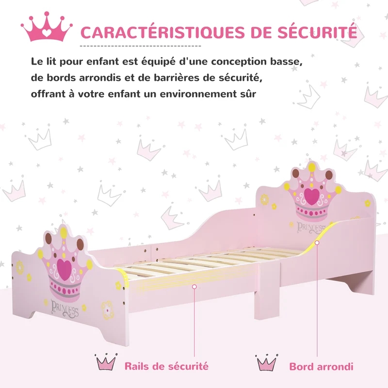 Lit enfant princesse 143 x 73 x 60 cm sommier inclus protection latérale très basse décoratif contemporain en MDF rose 21_0000136