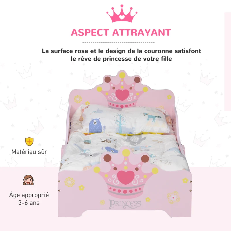 Lit enfant princesse 143 x 73 x 60 cm sommier inclus protection latérale très basse décoratif contemporain en MDF rose 21_0000136