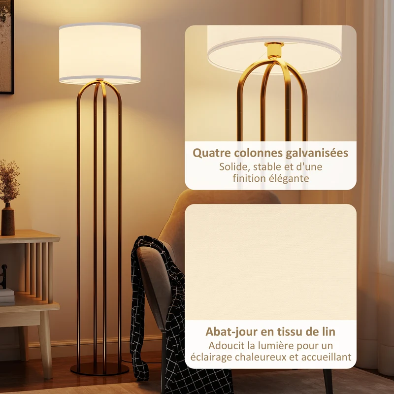 Lampadaire sur pied salon 38 x 161 cm diffuse lumière chaleureuse interrupteur au pied style scandinave en métal doré 21_0007065