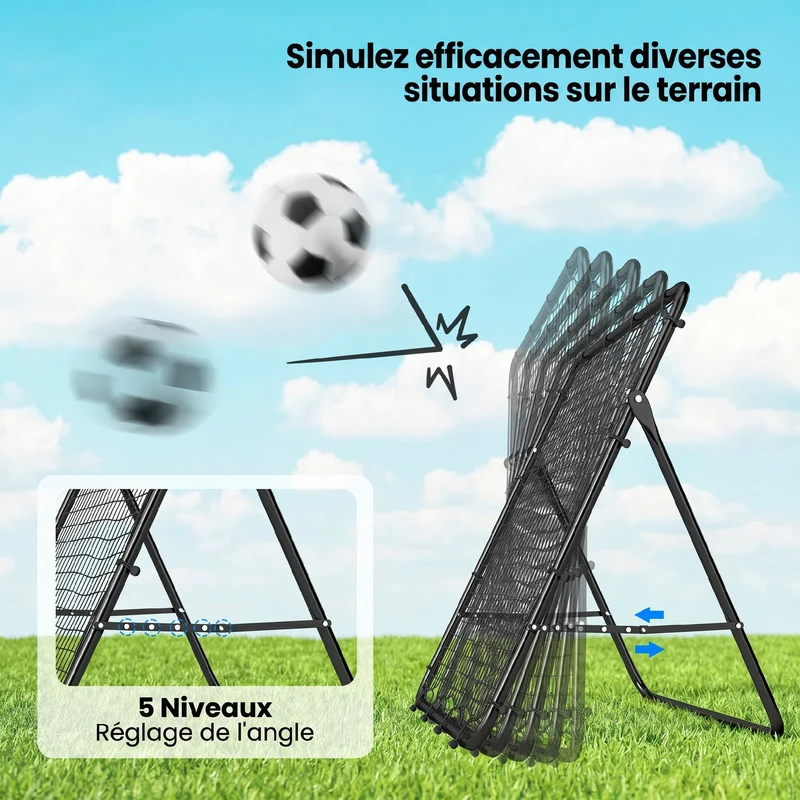 Filet de rebond football entraînement solo 120 x 73 x 112 cm 5 angles réglables cible précision pliable moderne tendance en acier noir 21_0006633