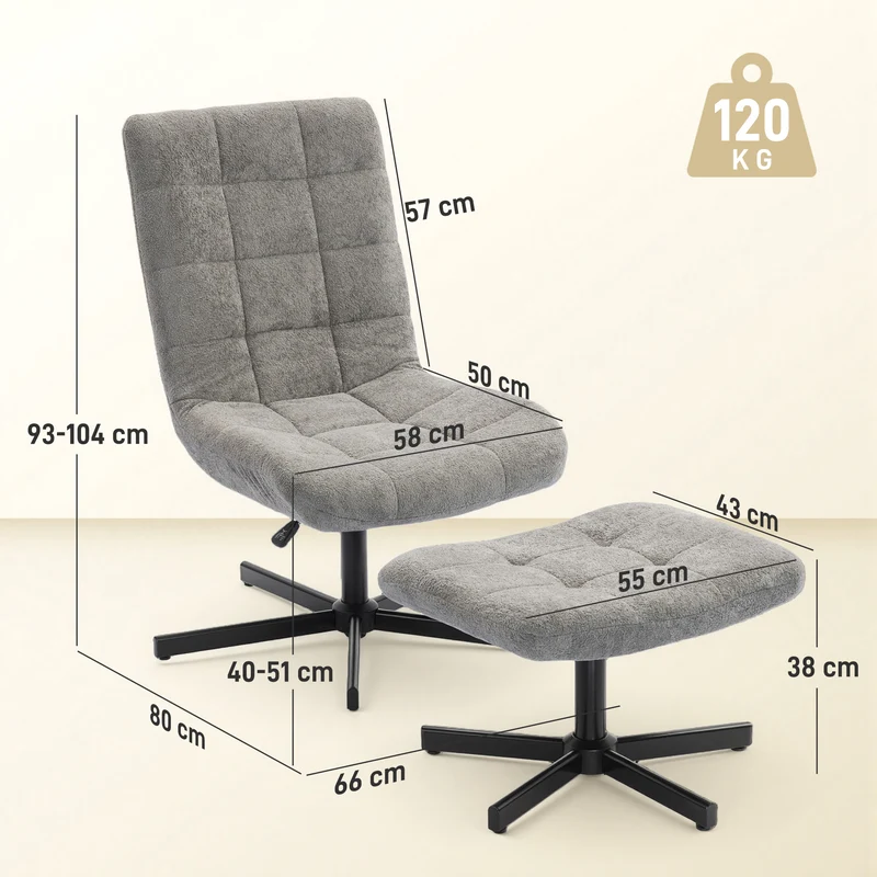 Fauteuil salon avec repose-pieds 66 x 80 x 93-104 cm 4 positions inclinable pivotant 360° design cosy en velours gris 21_0003610