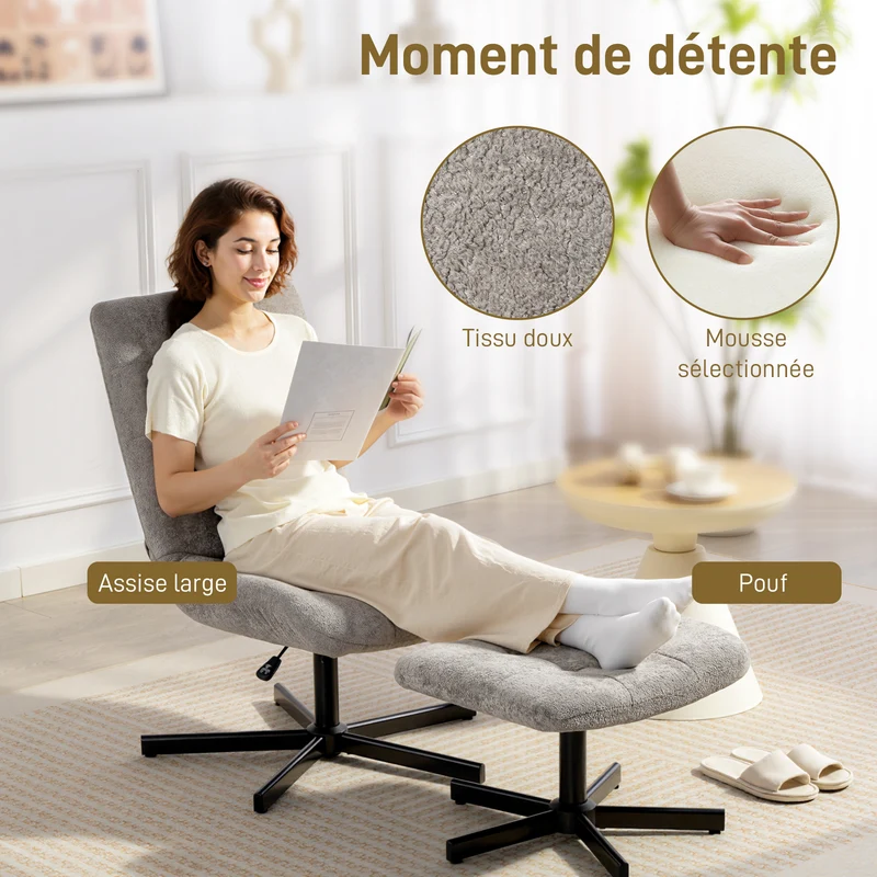 Fauteuil salon avec repose-pieds 66 x 80 x 93-104 cm 4 positions inclinable pivotant 360° design cosy en velours gris 21_0003610