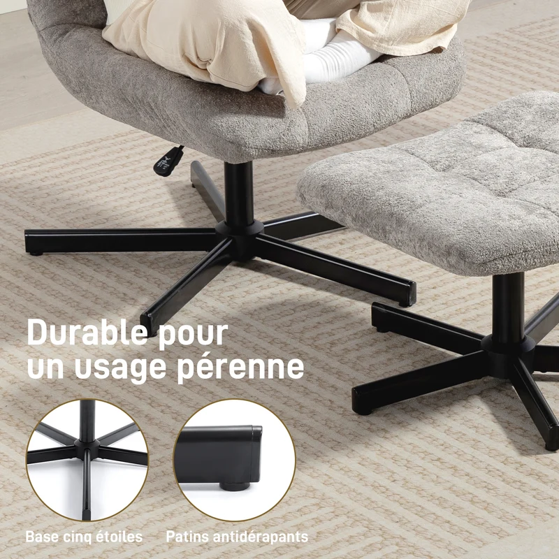 Fauteuil salon avec repose-pieds 66 x 80 x 93-104 cm 4 positions inclinable pivotant 360° design cosy en velours gris 21_0003610