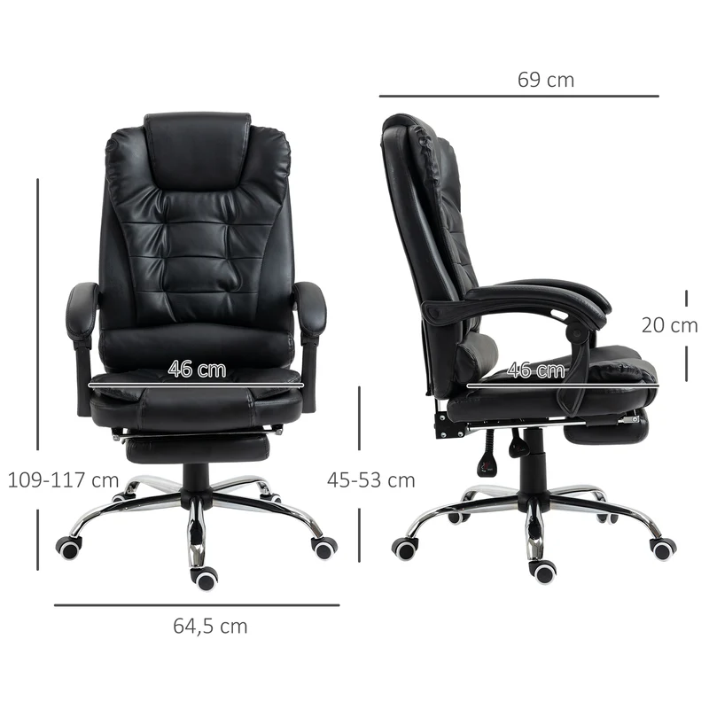 Fauteuil de bureau inclinable 64.5 x 69 x 117 cm ergonomique assise rembourrée pour bureau salon contemporain en PU noir 21_0006150