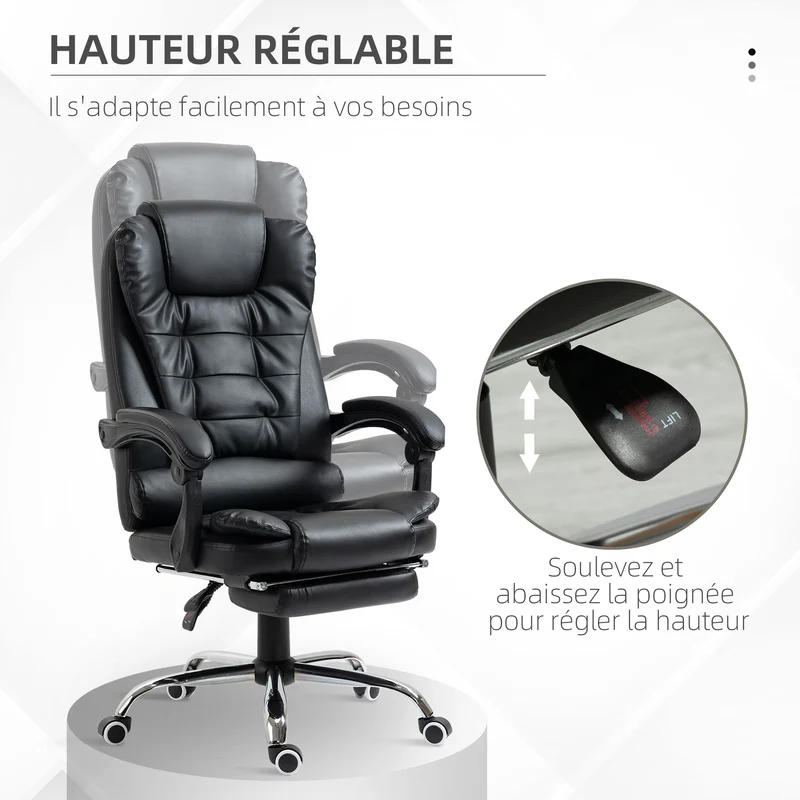 Fauteuil de bureau inclinable 64.5 x 69 x 117 cm ergonomique assise rembourrée pour bureau salon contemporain en PU noir 21_0006150