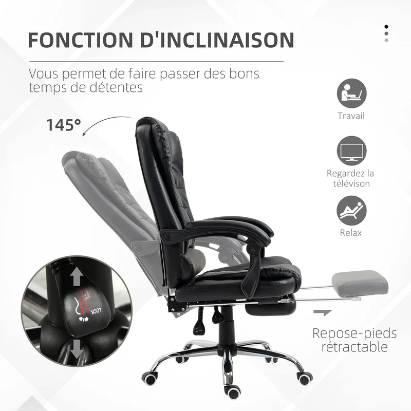 Fauteuil de bureau inclinable 64.5 x 69 x 117 cm ergonomique assise rembourrée pour bureau salon contemporain en PU noir 21_0006150