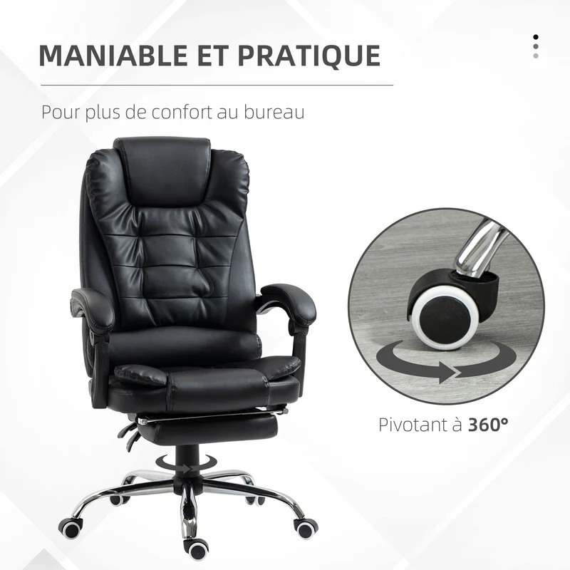 Fauteuil de bureau inclinable 64.5 x 69 x 117 cm ergonomique assise rembourrée pour bureau salon contemporain en PU noir 21_0006150