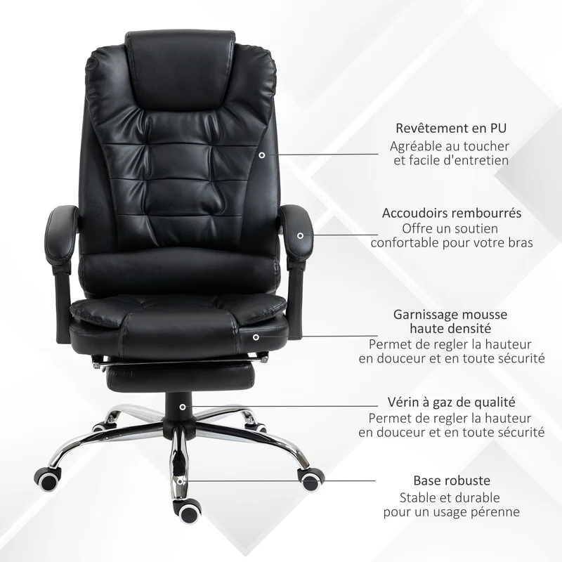 Fauteuil de bureau inclinable 64.5 x 69 x 117 cm ergonomique assise rembourrée pour bureau salon contemporain en PU noir 21_0006150
