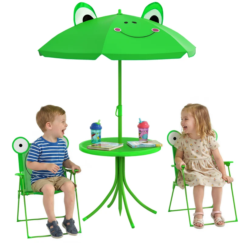 Ensemble salon de jardin enfant table ronde 50 x 46 x 52 cm pliable assise stable design avec parasol en métal vert 21_0000186