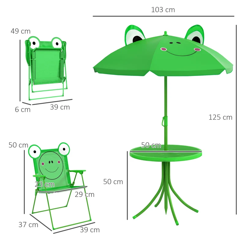 Ensemble salon de jardin enfant table ronde 50 x 46 x 52 cm pliable assise stable design avec parasol en métal vert 21_0000186