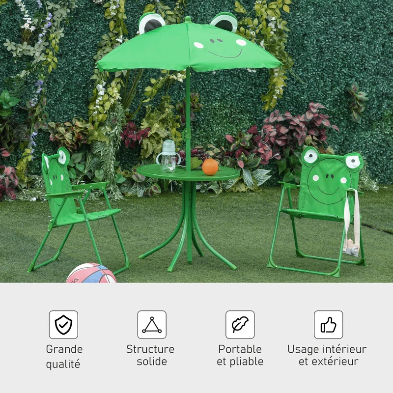 Ensemble salon de jardin enfant table ronde 50 x 46 x 52 cm pliable assise stable design avec parasol en métal vert 21_0000186