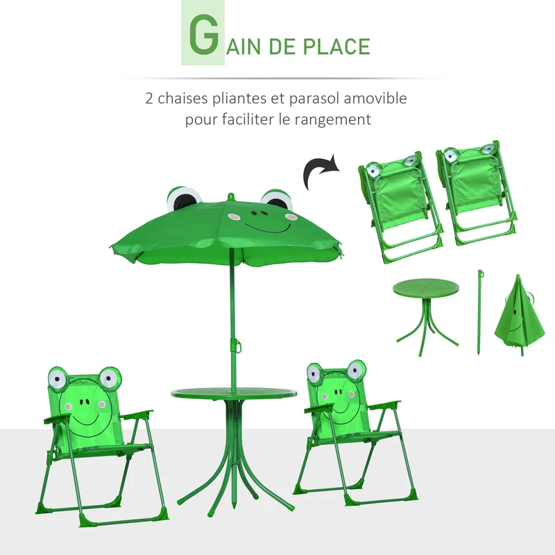 Ensemble salon de jardin enfant table ronde 50 x 46 x 52 cm pliable assise stable design avec parasol en métal vert 21_0000186