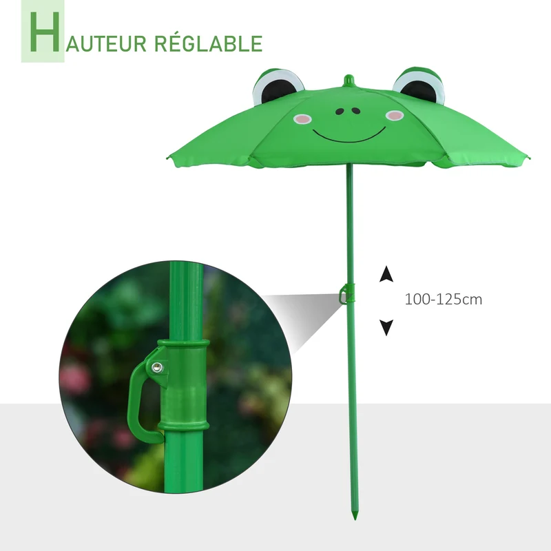 Ensemble salon de jardin enfant table ronde 50 x 46 x 52 cm pliable assise stable design avec parasol en métal vert 21_0000186