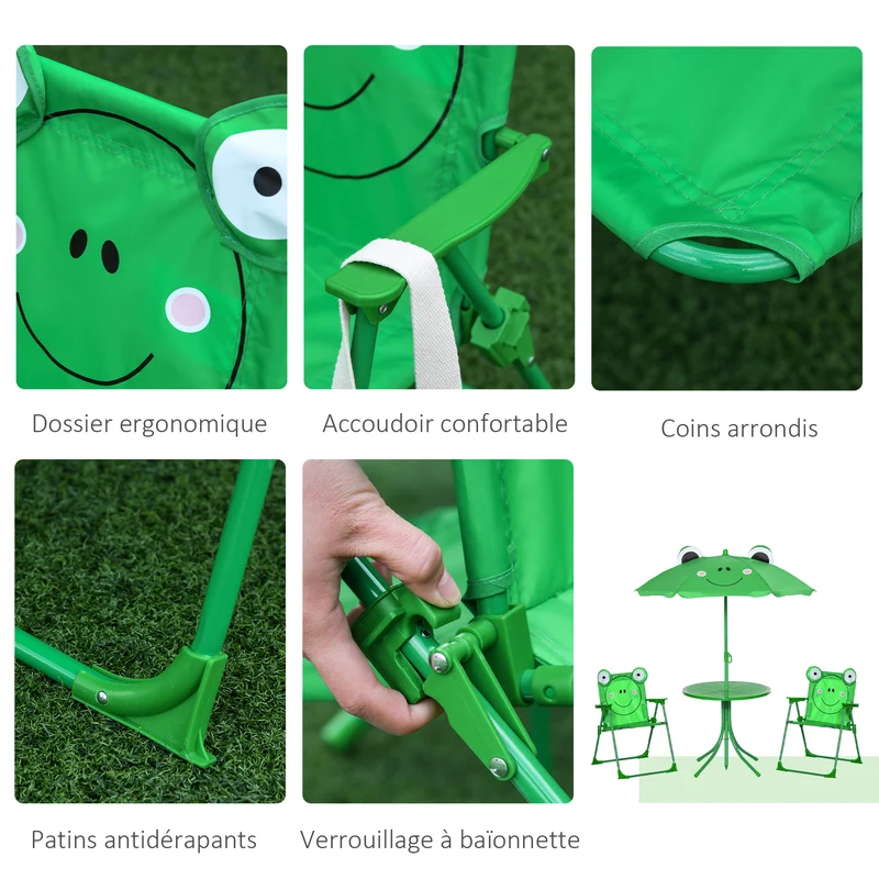 Ensemble salon de jardin enfant table ronde 50 x 46 x 52 cm pliable assise stable design avec parasol en métal vert 21_0000186