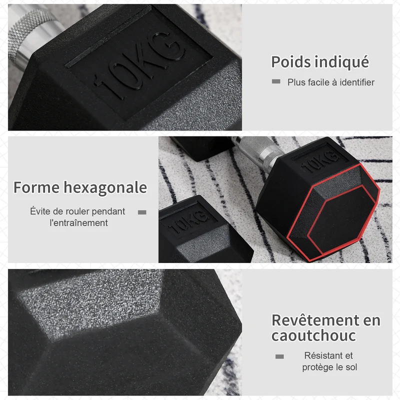 Ensemble d'haltères courtes musculation 13,5 x 31 cm poignées antidérapantes anti-roulement moderne en caoutchouc noir 21_0006750