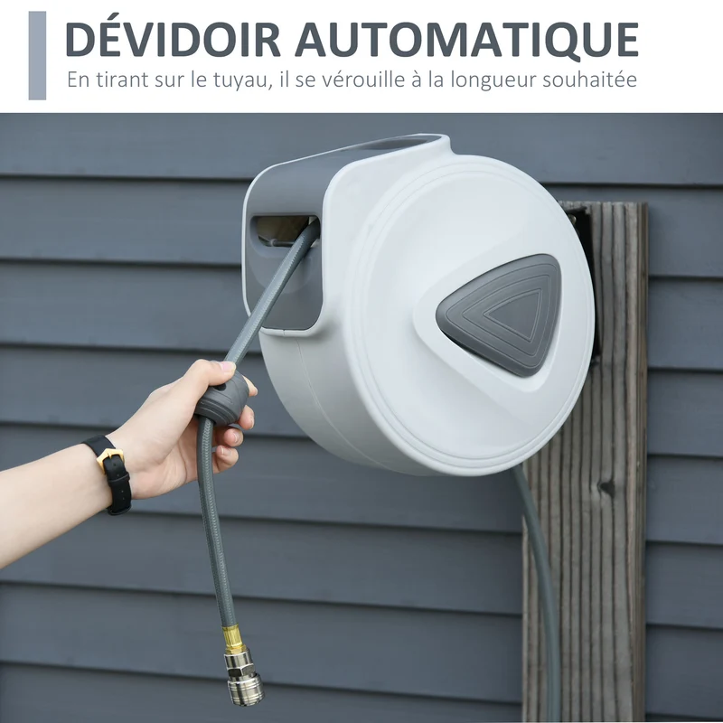 Enrouleur de tuyau d'air comprimé mural pivotant 29 x 16 x 28 cm enroulement automatique atelier industriel en PVC gris 21_0007084