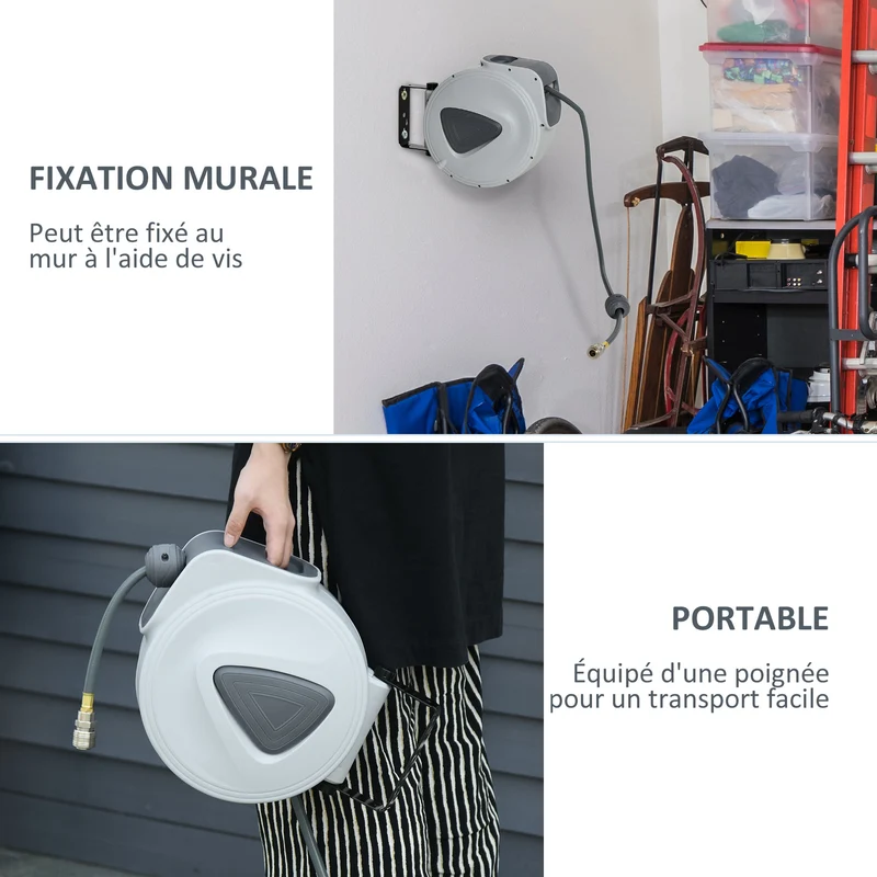 Enrouleur de tuyau d'air comprimé mural pivotant 29 x 16 x 28 cm enroulement automatique atelier industriel en PVC gris 21_0007084