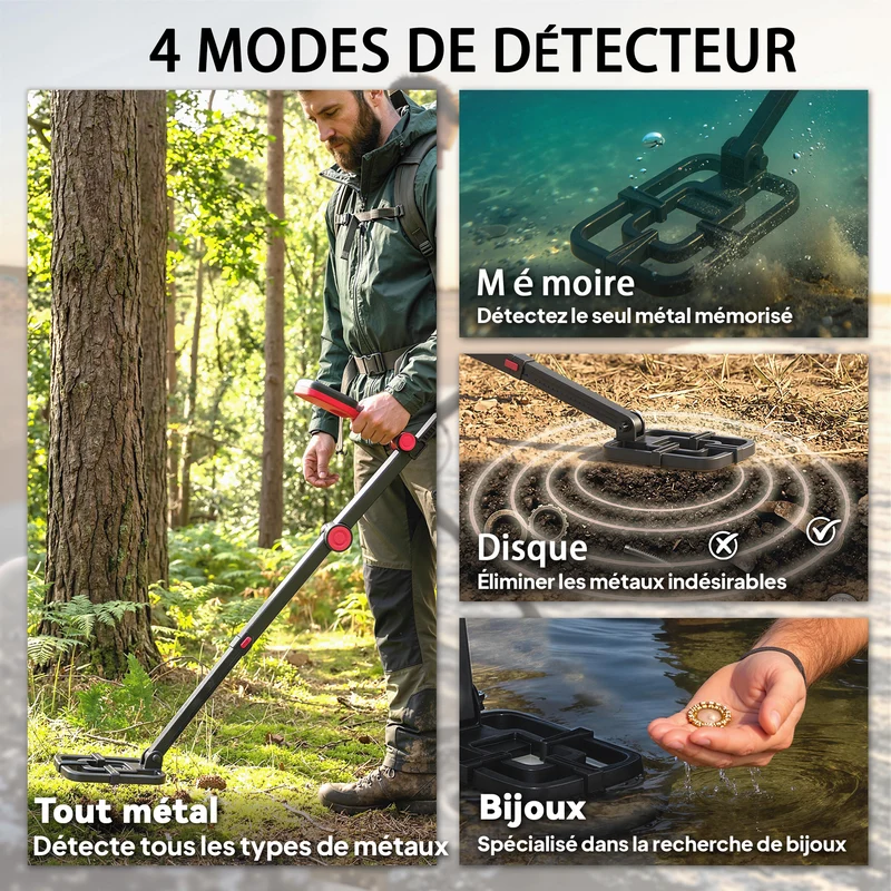Détecteur de métaux portable pliable 139 x 26 x 30 cm 4 modes détection haute précision moderne pour jardin en abs noir 21_0004434