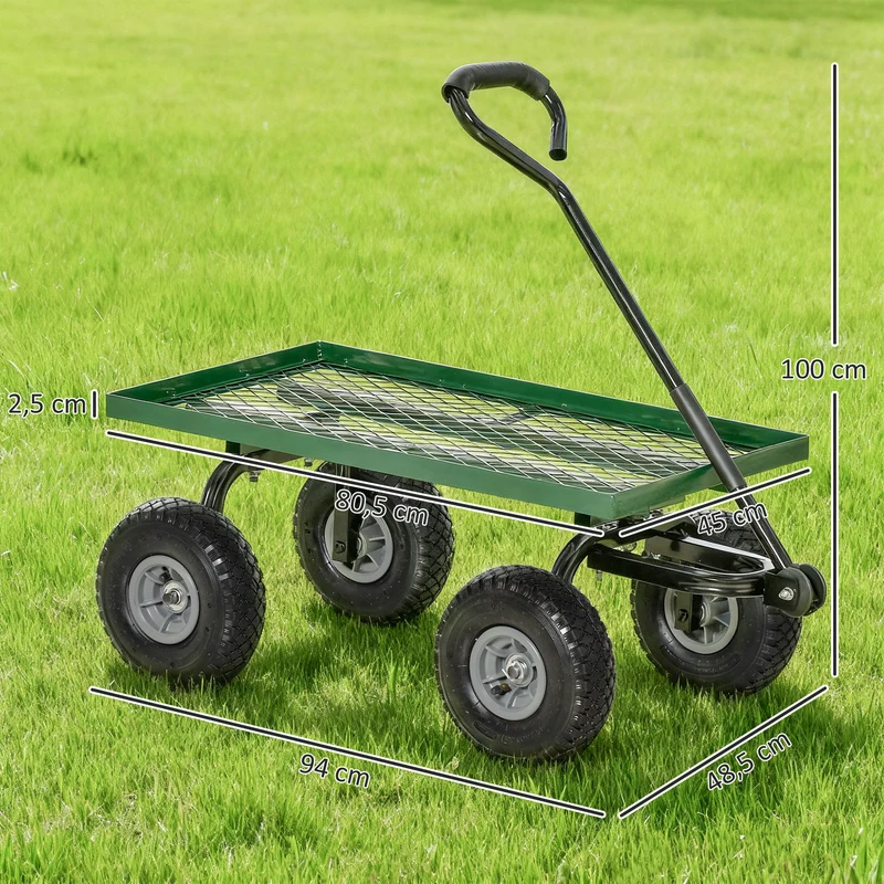Chariot de jardinage charrette 94 x 48,5 x 100 cm charge 150 kg roues tout terrain industriel tendance en métal vert 21_0007112