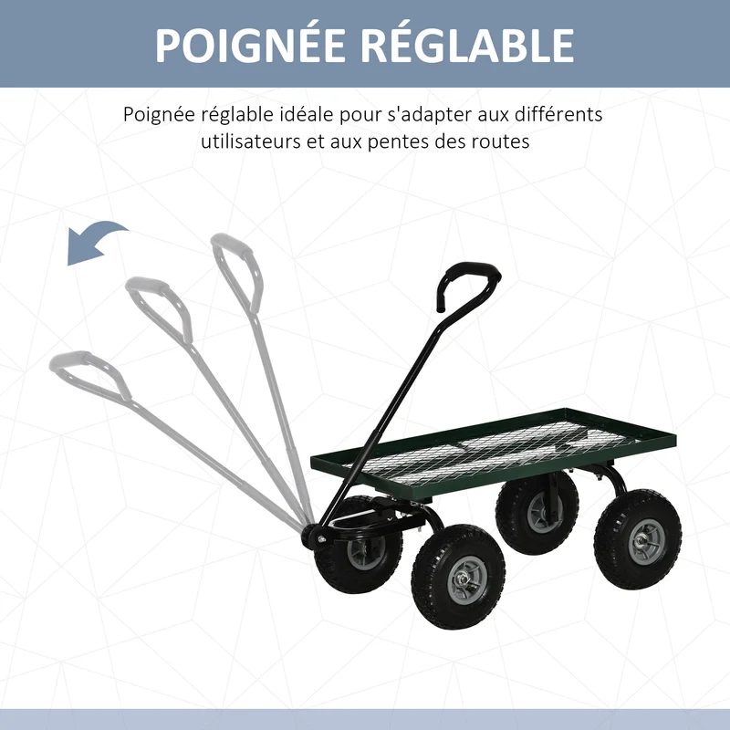 Chariot de jardinage charrette 94 x 48,5 x 100 cm charge 150 kg roues tout terrain industriel tendance en métal vert 21_0007112