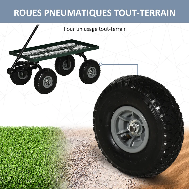 Chariot de jardinage charrette 94 x 48,5 x 100 cm charge 150 kg roues tout terrain industriel tendance en métal vert 21_0007112