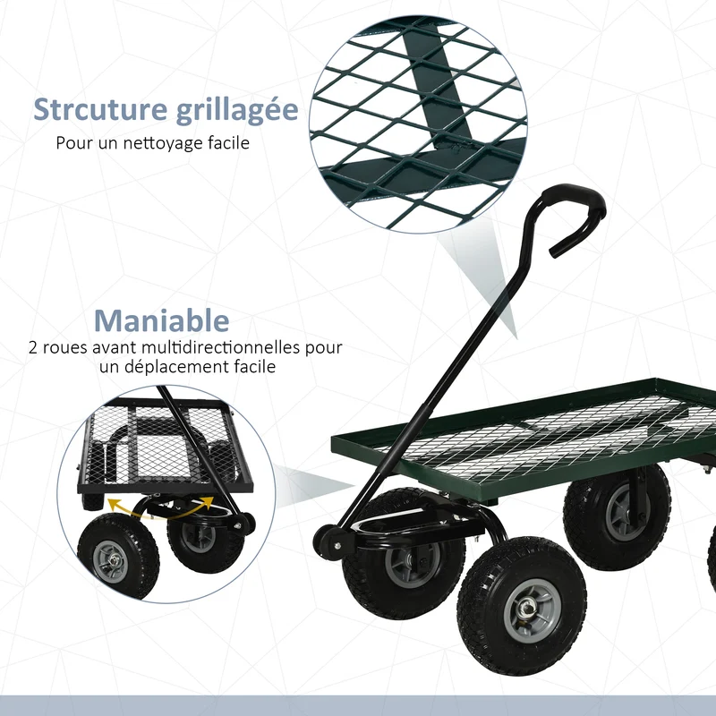 Chariot de jardinage charrette 94 x 48,5 x 100 cm charge 150 kg roues tout terrain industriel tendance en métal vert 21_0007112