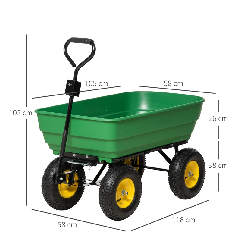 Chariot de jardin à main benne à bascule 118 x 58 x 102 cm capacité 125 L déchargement 75° industriel moderne en PP vert 21_0004256