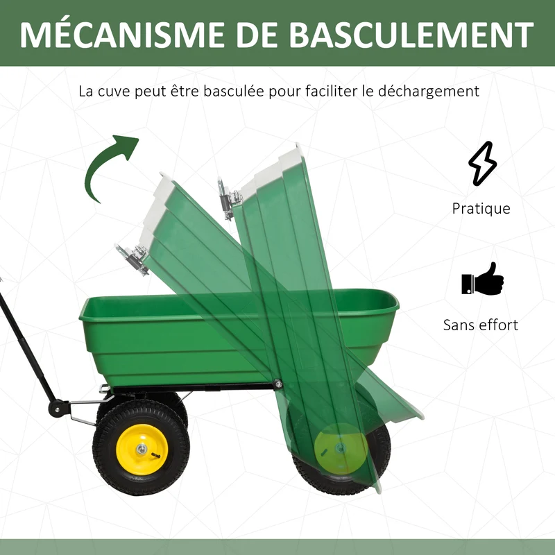 Chariot de jardin à main benne à bascule 118 x 58 x 102 cm capacité 125 L déchargement 75° industriel moderne en PP vert 21_0004256