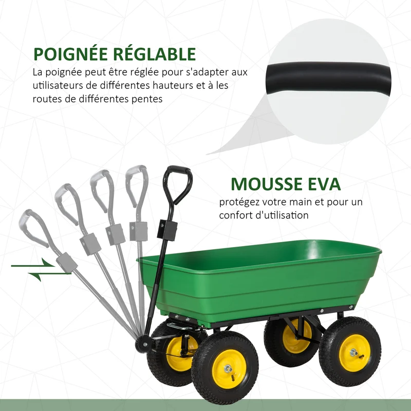 Chariot de jardin à main benne à bascule 118 x 58 x 102 cm capacité 125 L déchargement 75° industriel moderne en PP vert 21_0004256