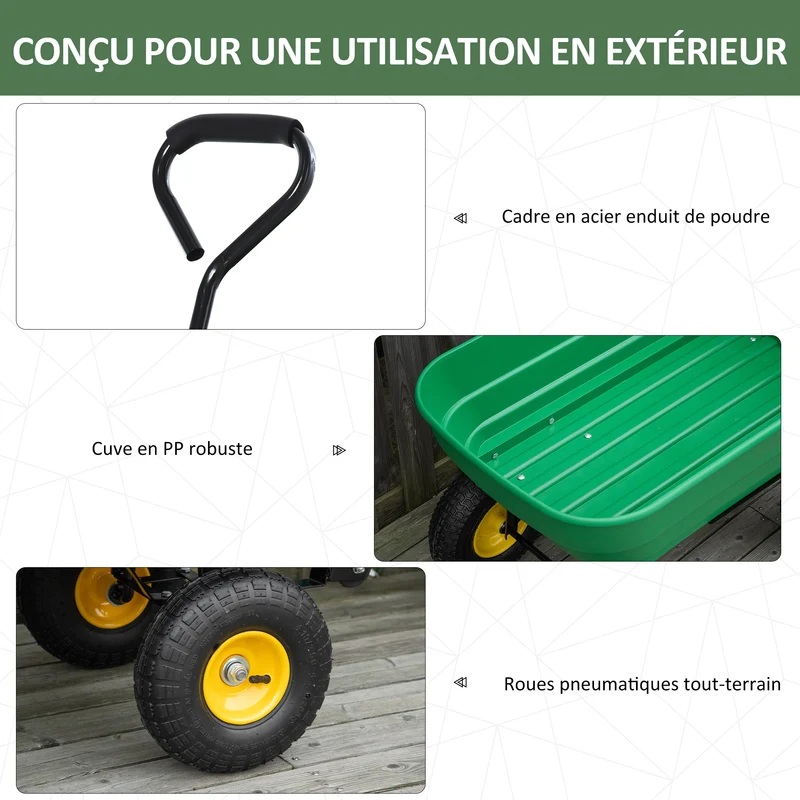 Chariot de jardin à main benne à bascule 118 x 58 x 102 cm capacité 125 L déchargement 75° industriel moderne en PP vert 21_0004256