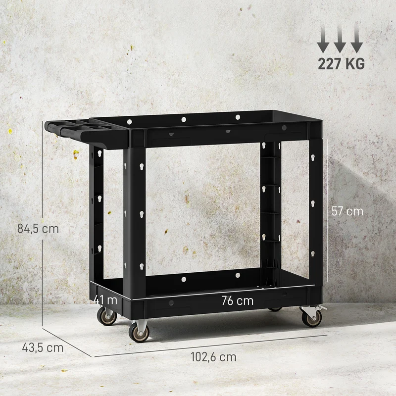 Chariot d'atelier garage 102,6 x 43,5 x 84,5 cm grande capacité mobilité avec freins industriel épuré en plastique noir 21_0006989