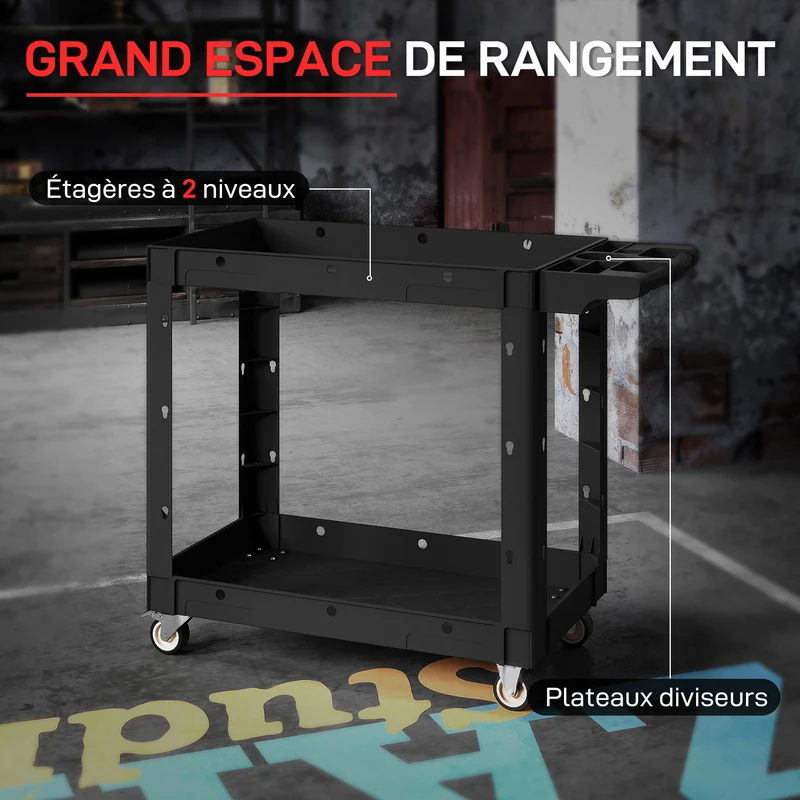 Chariot d'atelier garage 102,6 x 43,5 x 84,5 cm grande capacité mobilité avec freins industriel épuré en plastique noir 21_0006989