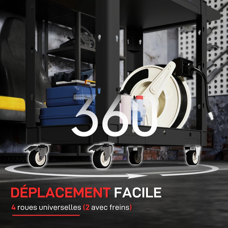 Chariot d'atelier garage 102,6 x 43,5 x 84,5 cm grande capacité mobilité avec freins industriel épuré en plastique noir 21_0006989