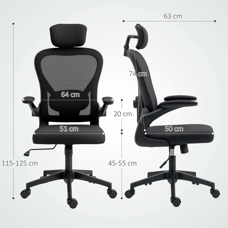 Chaise de bureau ergonomique appui-tête soutien lombaire réglable 64 x 63 x 115-125 cm confort moderne en maille noire 21_0006284