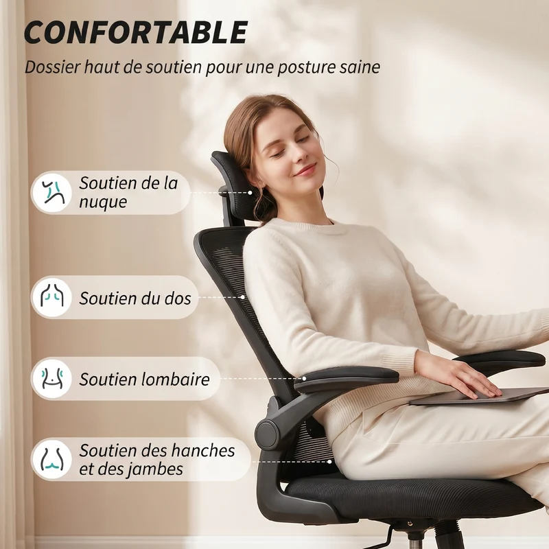 Chaise de bureau ergonomique appui-tête soutien lombaire réglable 64 x 63 x 115-125 cm confort moderne en maille noire 21_0006284