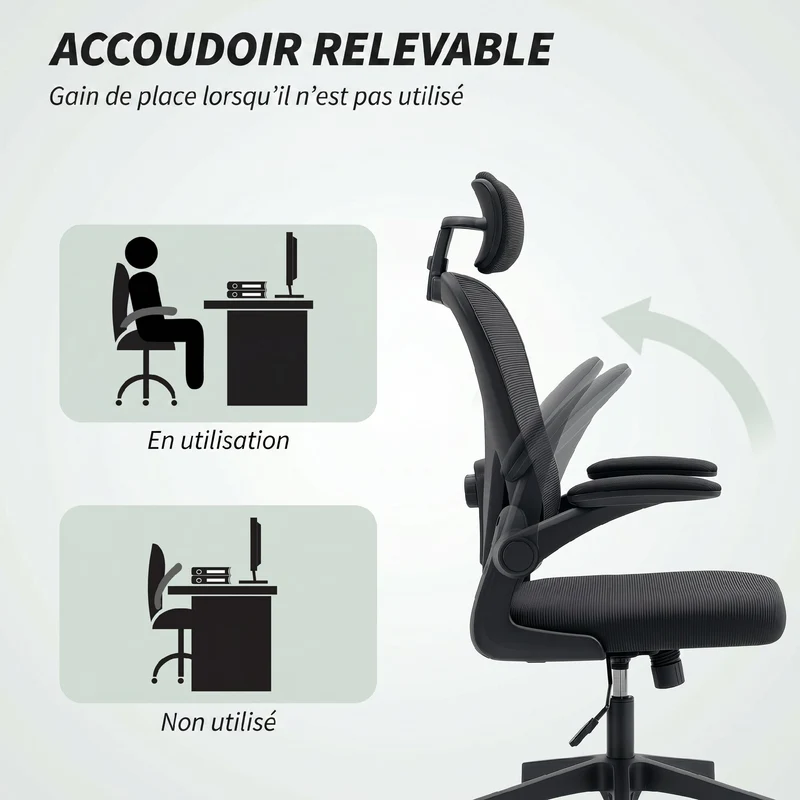 Chaise de bureau ergonomique appui-tête soutien lombaire réglable 64 x 63 x 115-125 cm confort moderne en maille noire 21_0006284