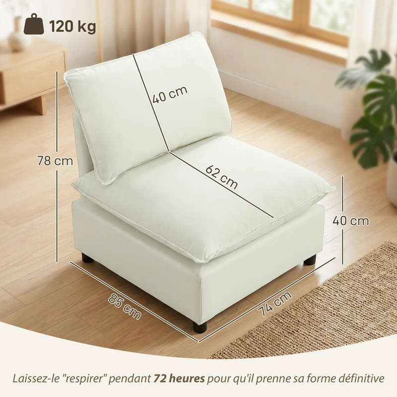Canapé 1 place compact 74 x 85 x 78 cm assise profonde 62 cm rembourrage haute densité moderne minimaliste en lin crème 21_0003644