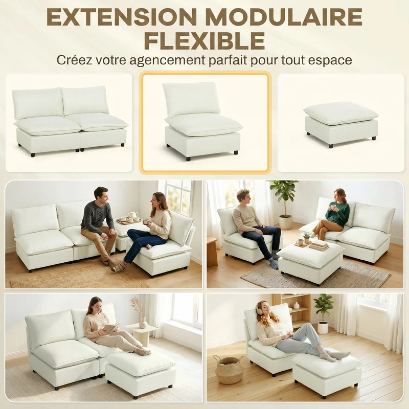 Canapé 1 place compact 74 x 85 x 78 cm assise profonde 62 cm rembourrage haute densité moderne minimaliste en lin crème 21_0003644