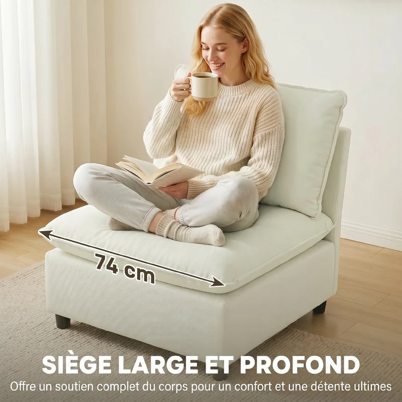 Canapé 1 place compact 74 x 85 x 78 cm assise profonde 62 cm rembourrage haute densité moderne minimaliste en lin crème 21_0003644