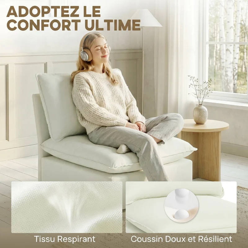 Canapé 1 place compact 74 x 85 x 78 cm assise profonde 62 cm rembourrage haute densité moderne minimaliste en lin crème 21_0003644