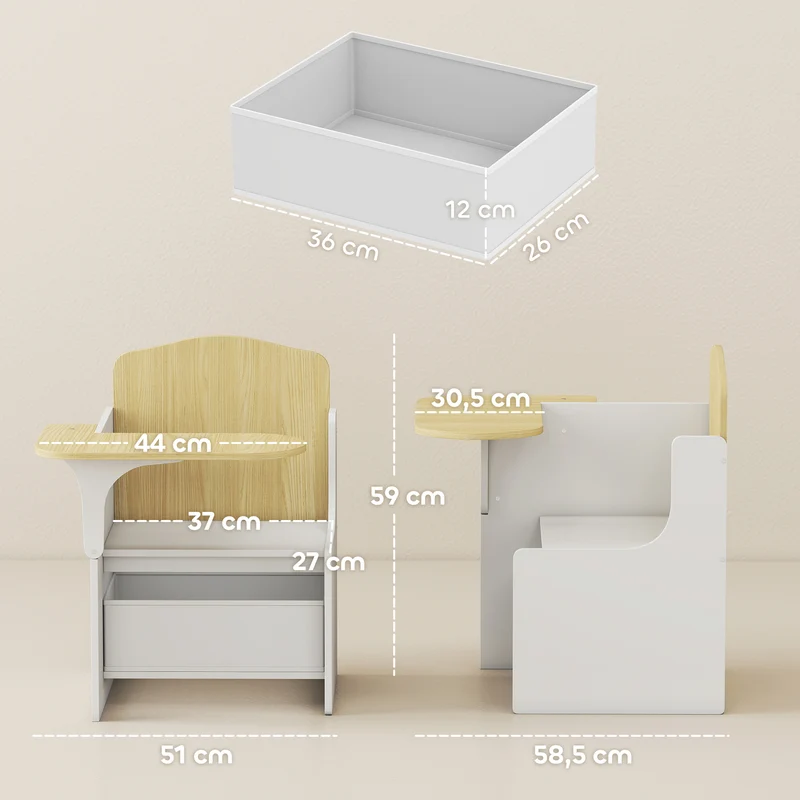 Bureau et chaise pour enfants 2 en 1 58,5 x 51 x 59 cm bac de rangement intégré bords lisses moderne épuré en MDF blanc 21_0000233