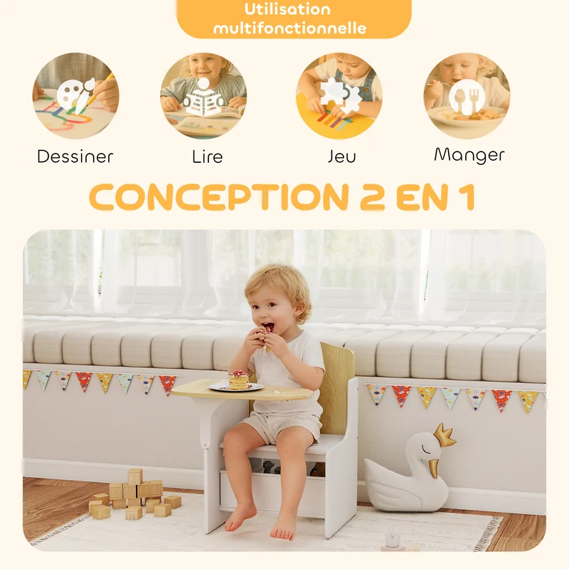 Bureau et chaise pour enfants 2 en 1 58,5 x 51 x 59 cm bac de rangement intégré bords lisses moderne épuré en MDF blanc 21_0000233