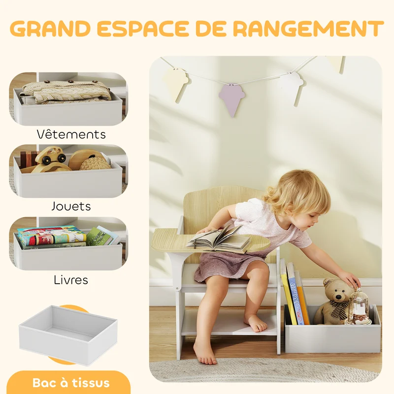 Bureau et chaise pour enfants 2 en 1 58,5 x 51 x 59 cm bac de rangement intégré bords lisses moderne épuré en MDF blanc 21_0000233