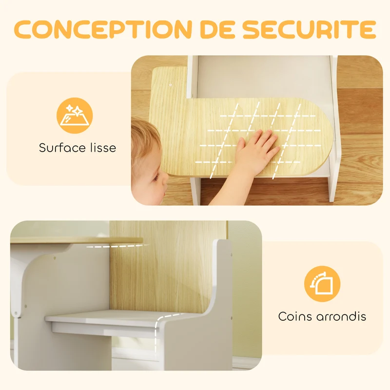 Bureau et chaise pour enfants 2 en 1 58,5 x 51 x 59 cm bac de rangement intégré bords lisses moderne épuré en MDF blanc 21_0000233
