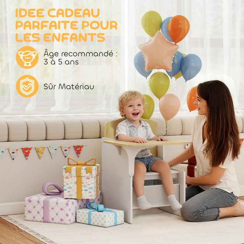 Bureau et chaise pour enfants 2 en 1 58,5 x 51 x 59 cm bac de rangement intégré bords lisses moderne épuré en MDF blanc 21_0000233