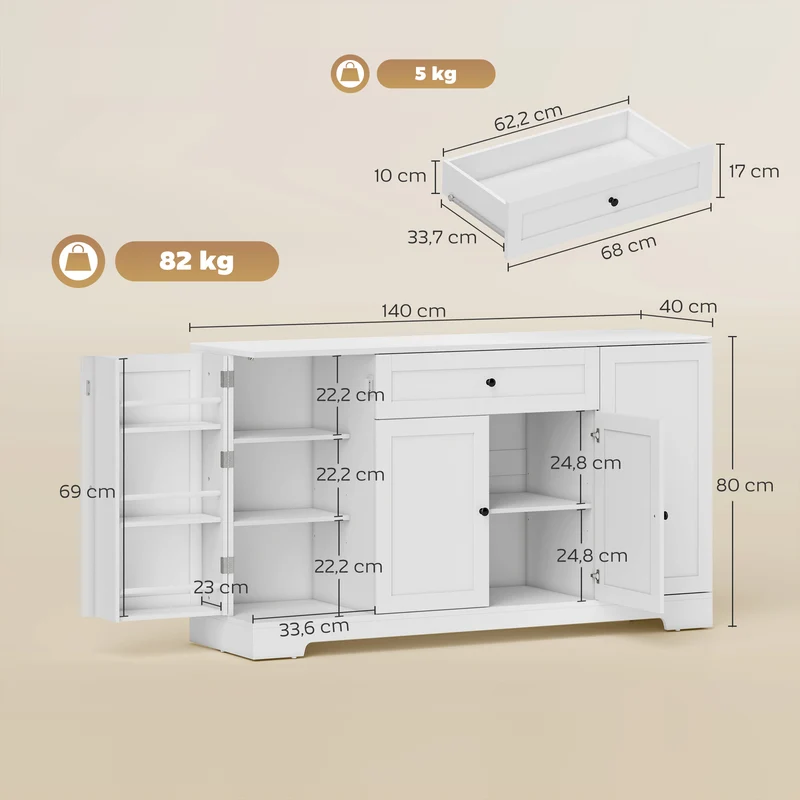 Buffet de rangement 140 x 40 x 80 cm tiroir spacieux et étagères réglables style contemporain épuré salon en MDF blanc 21_0003403
