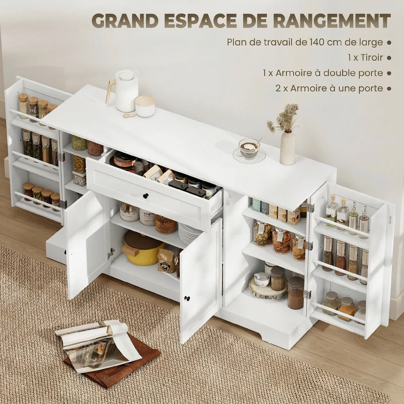 Buffet de rangement 140 x 40 x 80 cm tiroir spacieux et étagères réglables style contemporain épuré salon en MDF blanc 21_0003403